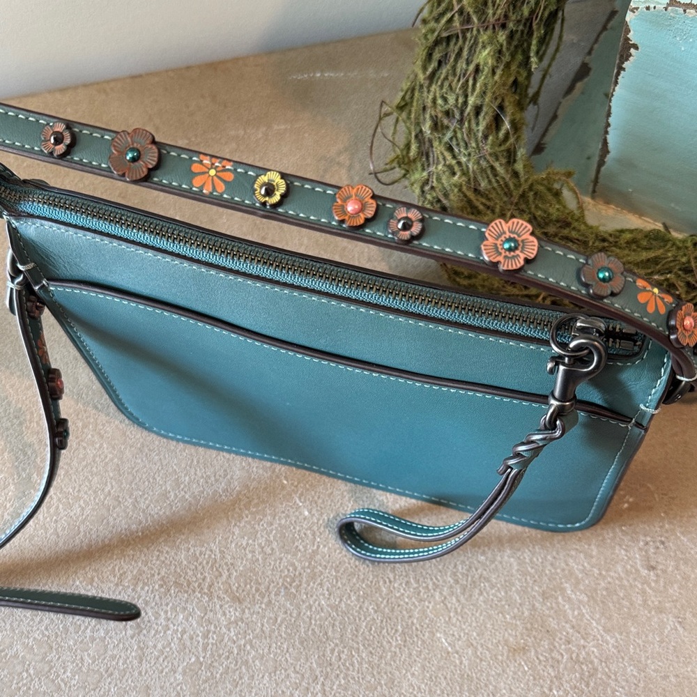 Coach Teal Crossbody Bag with Floral Accents